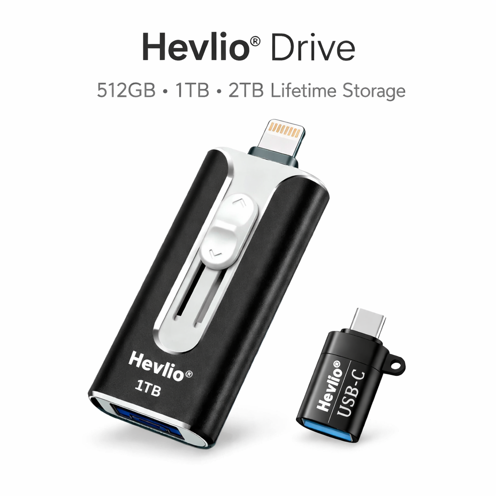Hevlio Drive with 512GB, 1TB, and 2TB storage capacities on a white background.