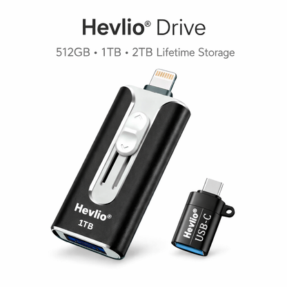 Hevlio Drive with 512GB, 1TB, and 2TB storage capacities on a white background.